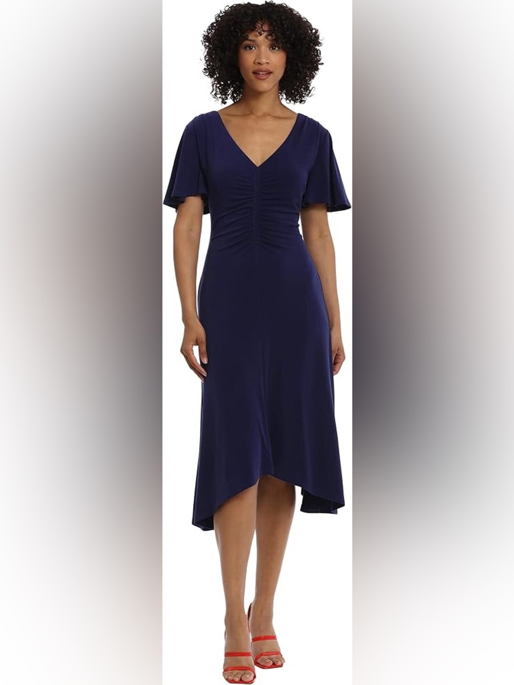 Maggy London Navy Ruched V-Neck MIDI Dress